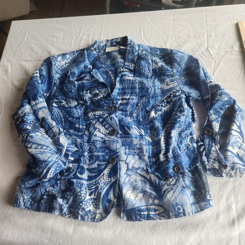 Chicos Blue White Linen Blend Abstract Batik Lightweight Blazer Jacket Size 1